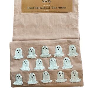 Indigo Moon "Spooky" Hand Embroidered Table Runner, mini rope ghost appliqués.